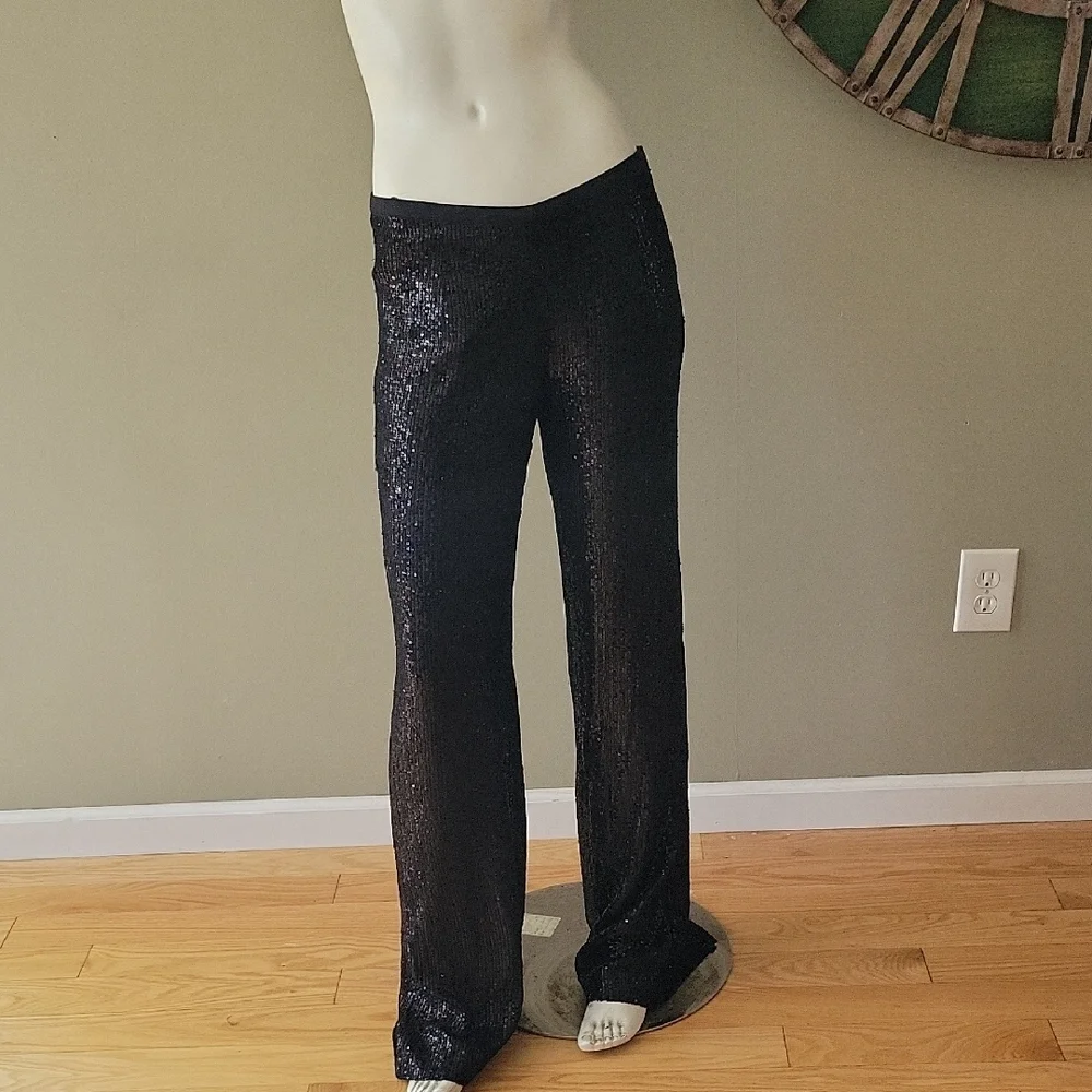 Tory Burch Silk Lined Elegant Black Wide Leg Sequin Trousers